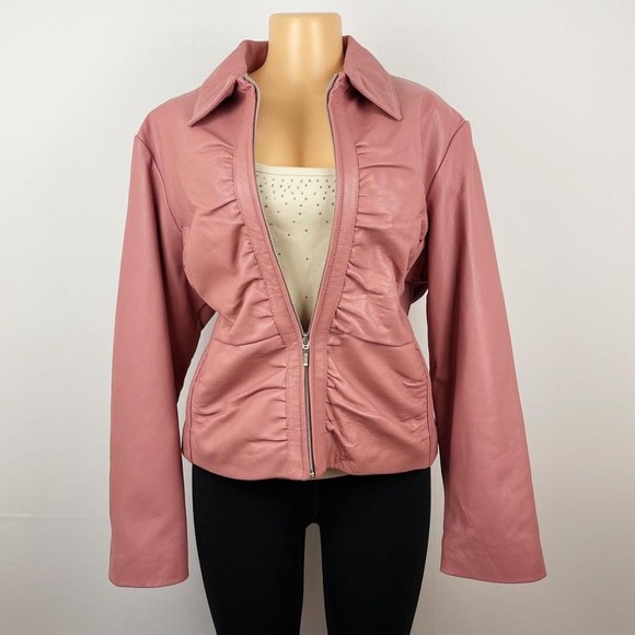 Excelled Jackets & Blazers - Vintage 90s‎ Y2K Pink Leather Rose Blush Colored Ruched Jacket